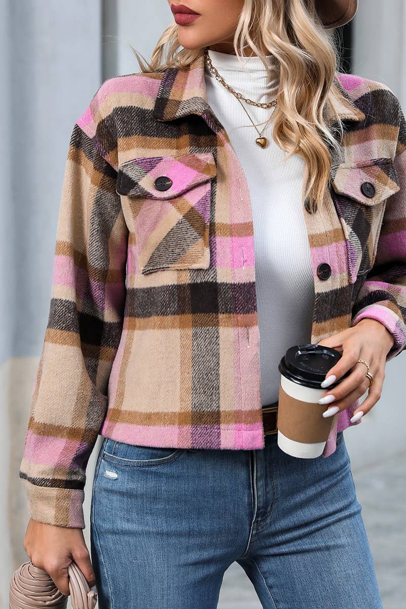 CWOCO1100_LAPEL LONG SLEEVE POCKET PLAID SHORT COAT