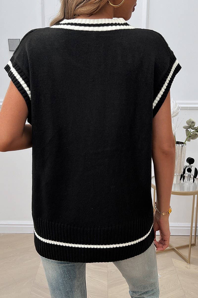 CWOV0454_V-NECK CONTRAST VEST KNITTED SWEATER
