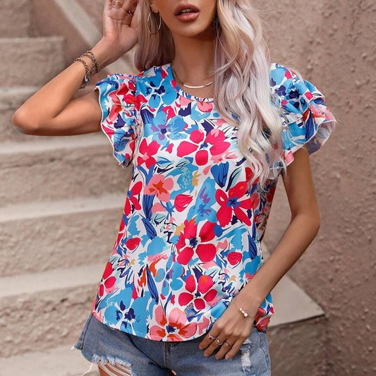 FLORAL DOUBLE-LAYER FLYING SHORT-SLEEVED SHIRT