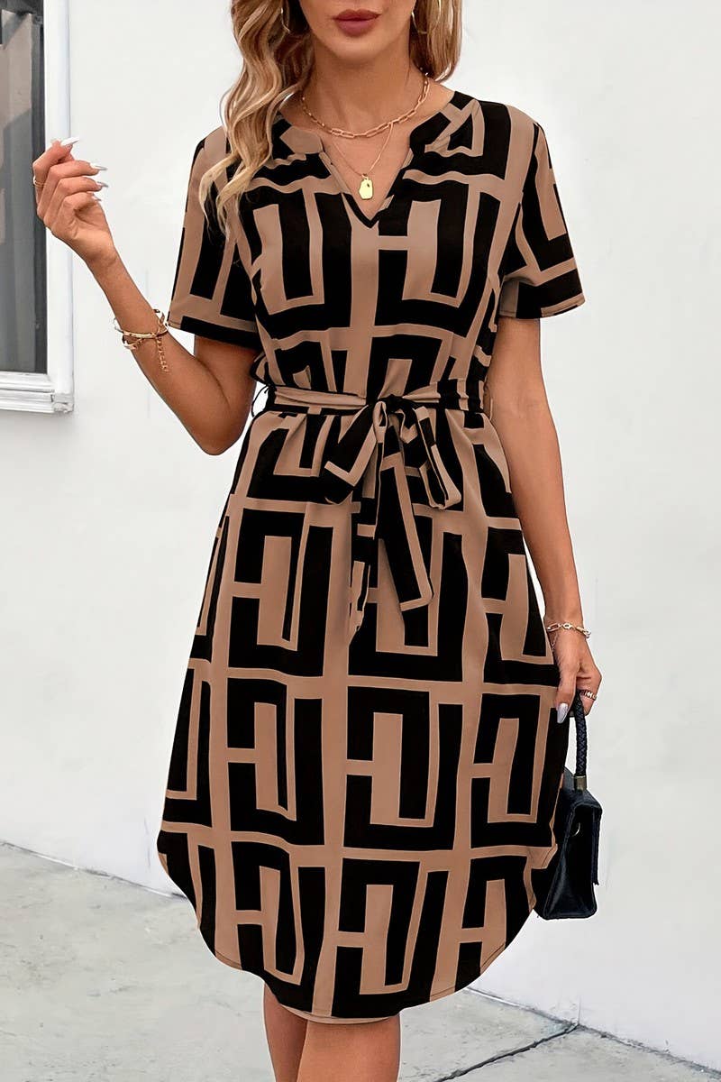 CWDSD7862_V-NECK TIE WAIST SHORT SLEEVE PLAID DRESS