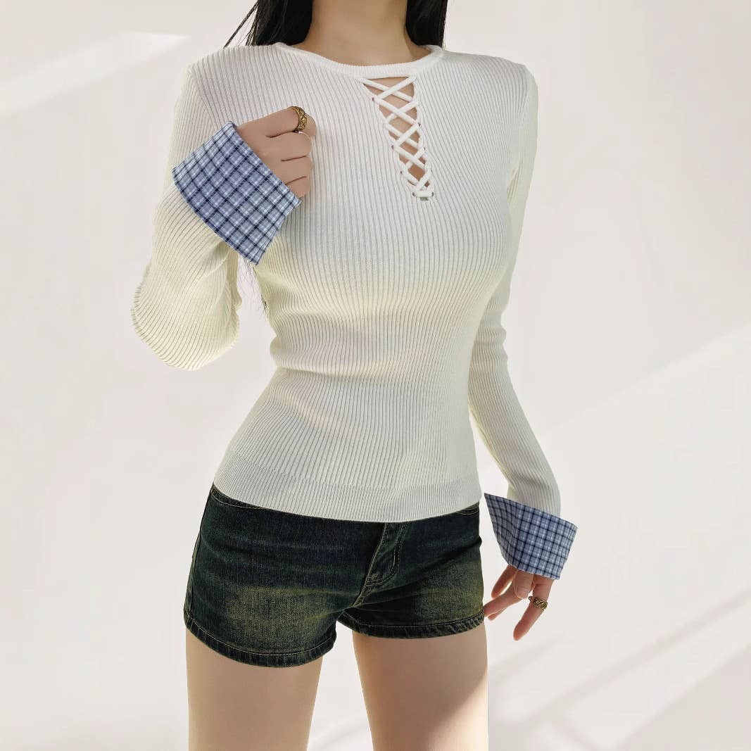 CONTRASTING PLAID PATCHWORK LONG-SLEEVED KNITWEAR