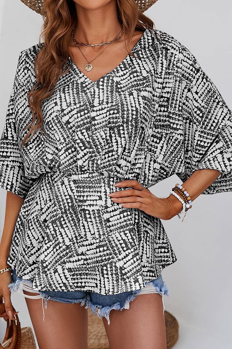 CWTBLS1802_V-NECK BAT SLEEVE LOOSE SHORT-SLEEVED PRINTED TOP