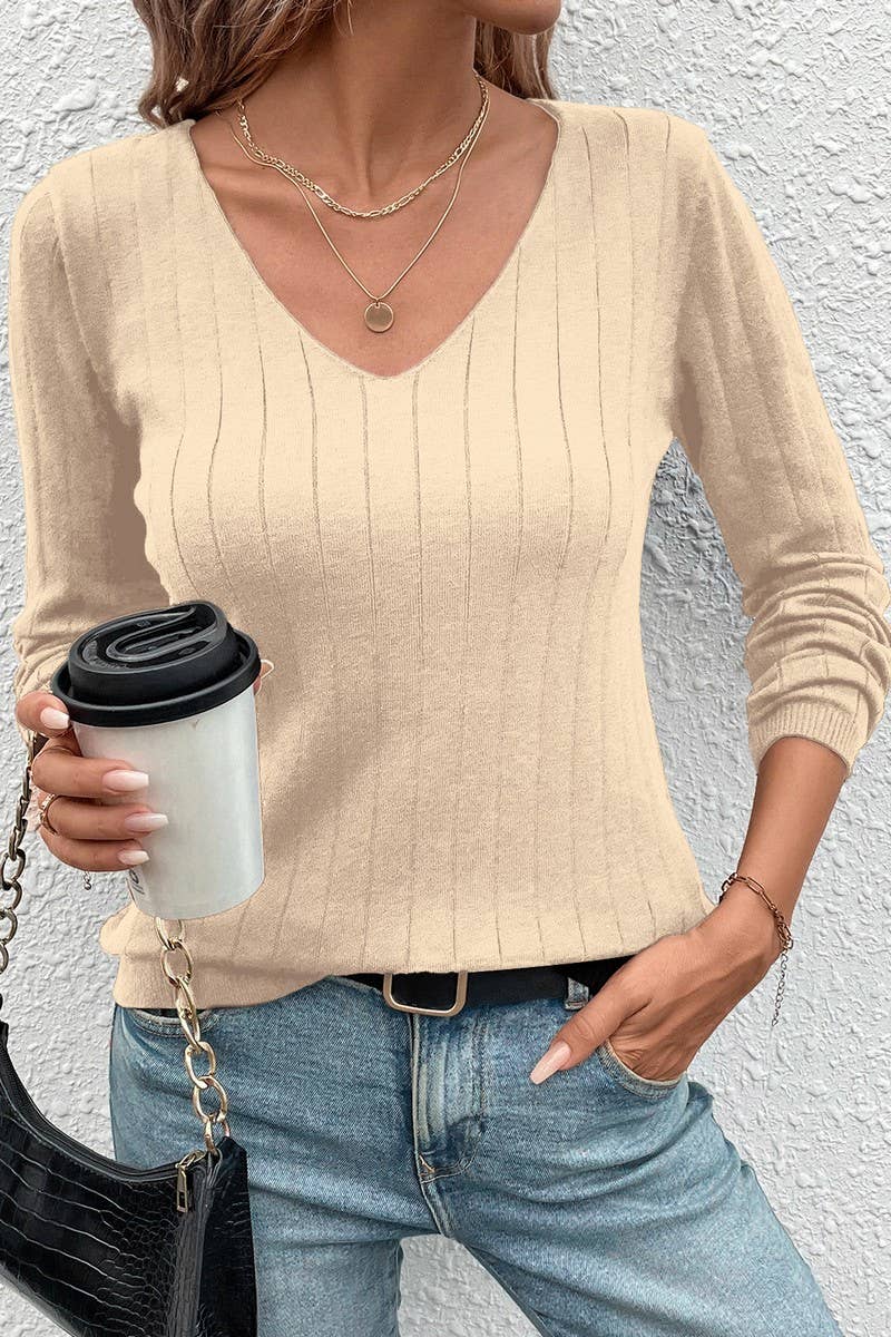 CWTBLL00726_RIBBED V NECK LONG SLEEVE BLACK SWEATER