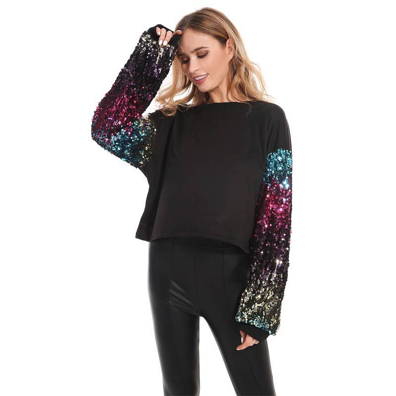 CREW-NECK LONG-SLEEVED SEQUINED SLEEVE HOODIE