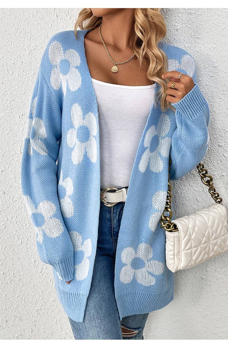 CWOCAL0755_MID-LENGTH CONTRASTING FLORAL KNITTED CARDIGAN