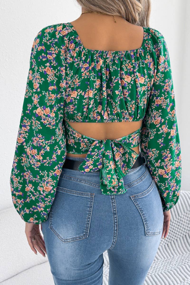 CWTBLL3974_FLORAL CHIFFON LANTERN SLEEVE TIE WAIST CROP TOP