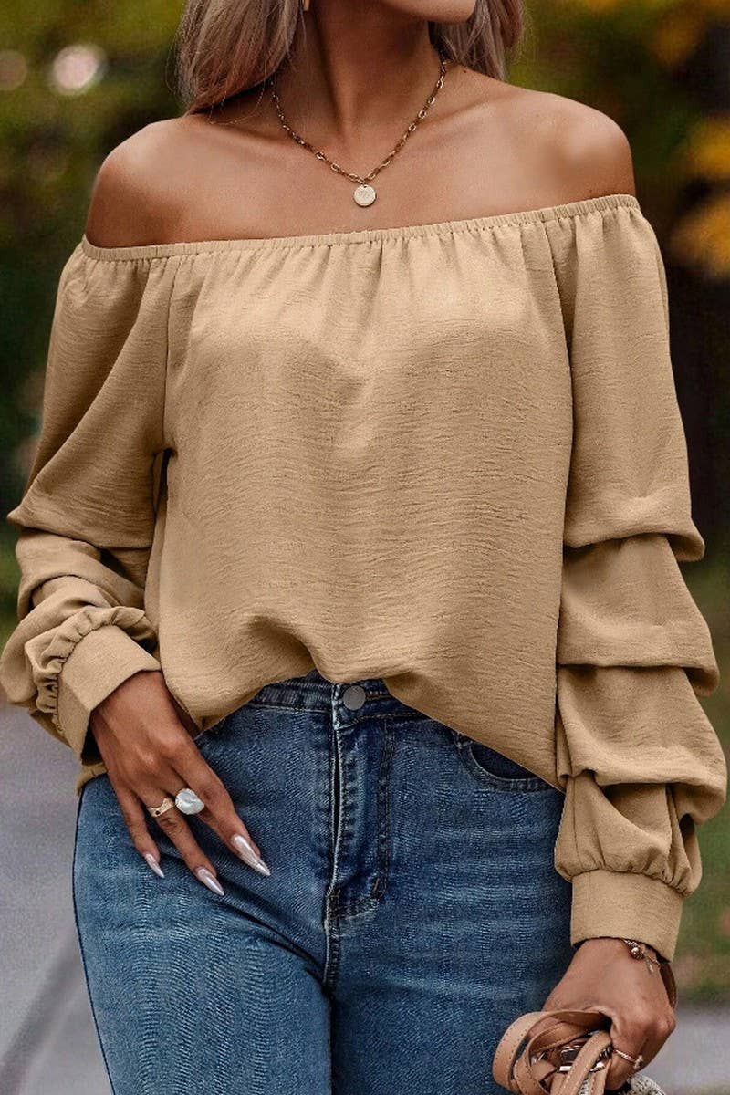 CWTBLL4006_SOLID OFF SHOULDER KNOT SLEEVE LONG SLEEVE SHIRT