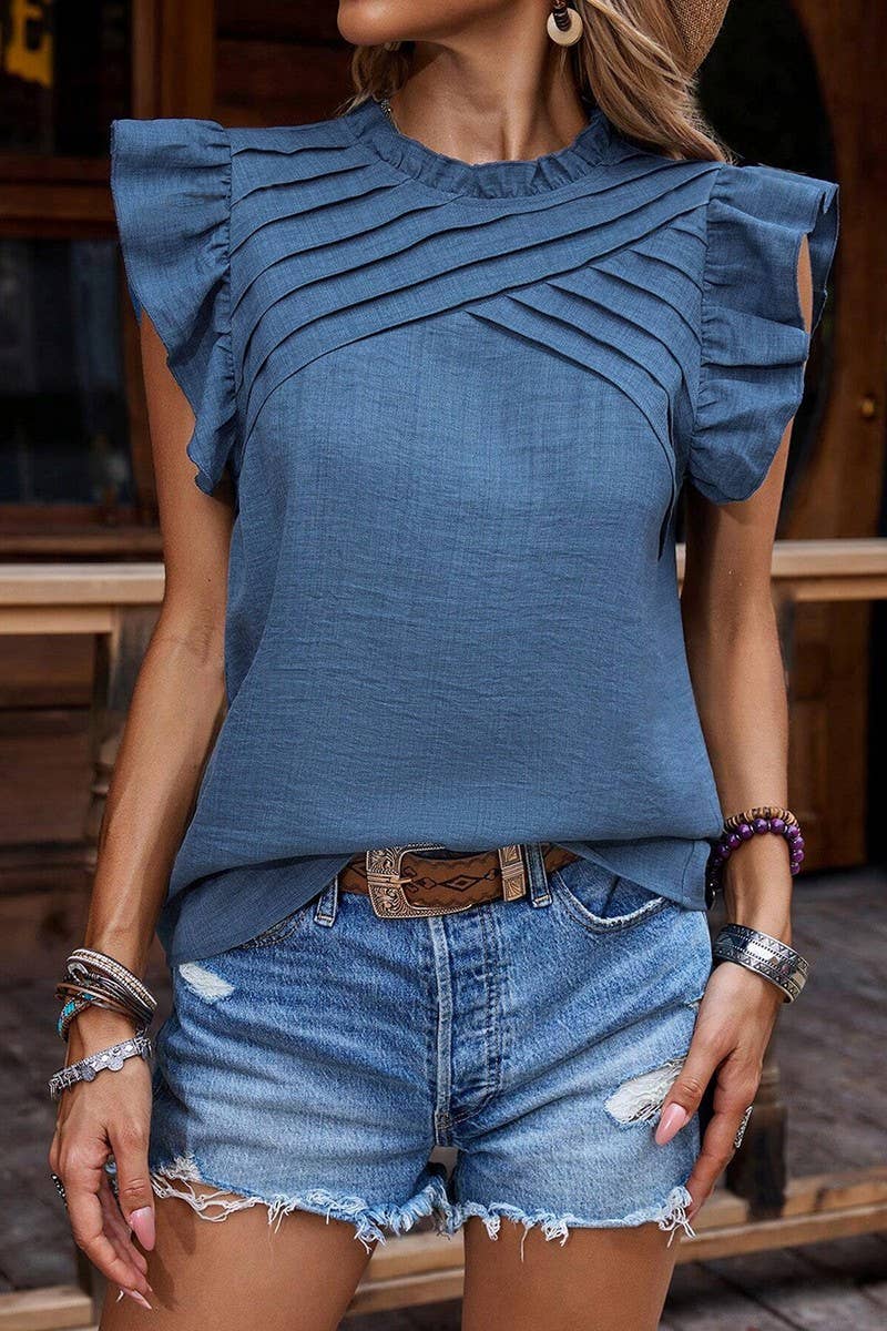 CWTBLSL0695_RUFFLE SLEEVE PLEATED PULLOVER SHORT SLEEVE TOP