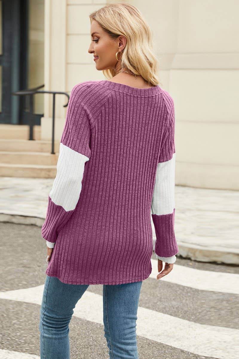 CWOSWL6830_NEW LONG SLEEVE V-NECK CONTRAST LOOSE BUTTON TOP