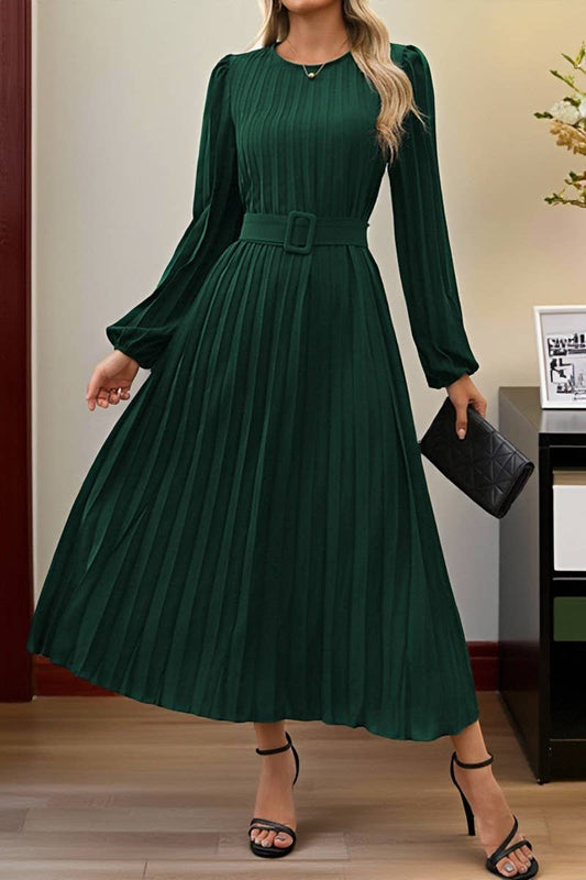 CWDMD01038_ELEGANT VINTAGE LONG SLEEVE PLEATED SOLID DRESS