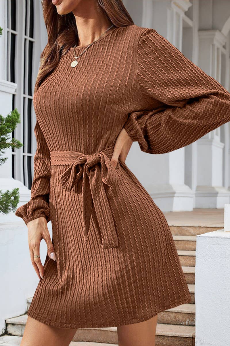 CWDSD7222_NEW STYLE CABLE KNITTED PUFF SLEEVE CASUAL DRESS