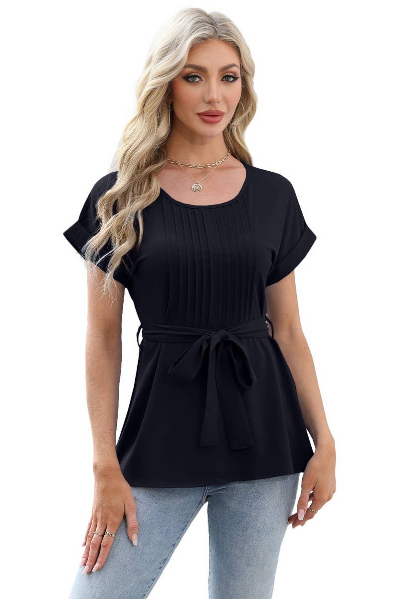 CWTBLS1698_TIE-UP RUFFLED CREW NECK SHORT-SLEEVED TOP