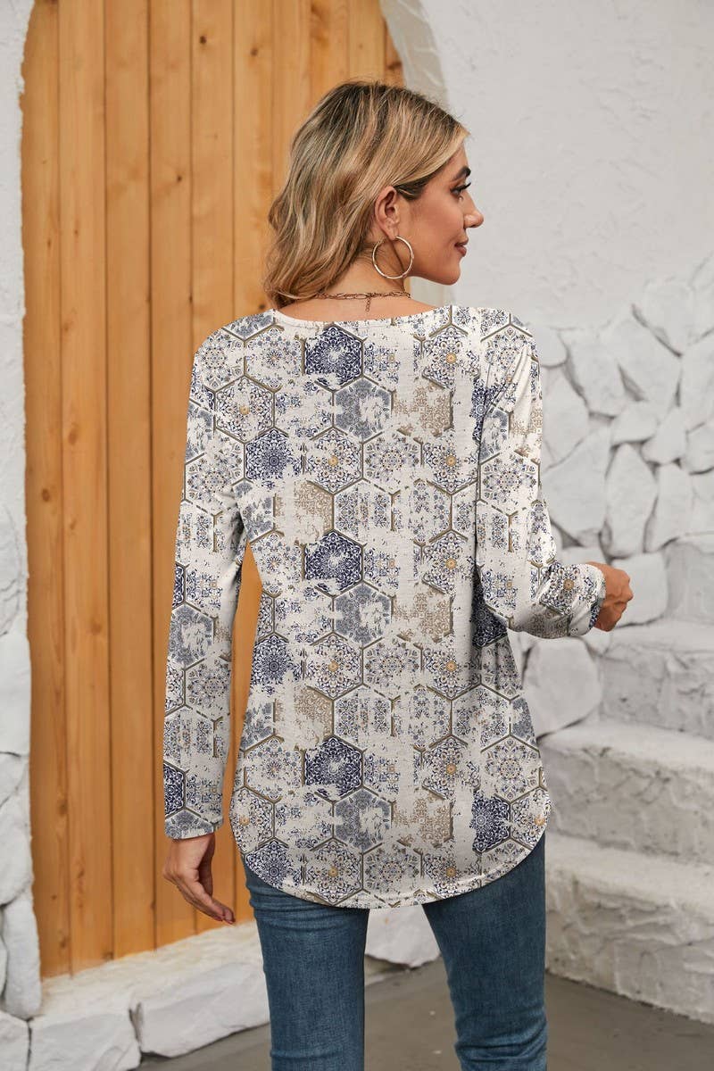 CWTBLL1043_SQUARE NECK PRINTED LONG SLEEVE CASUAL TOP