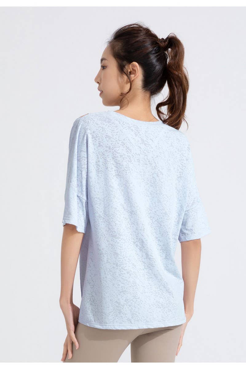 CWTBLS1470_JACQUARD CUTOUT SHORT SLEEVE RUNNING TOP