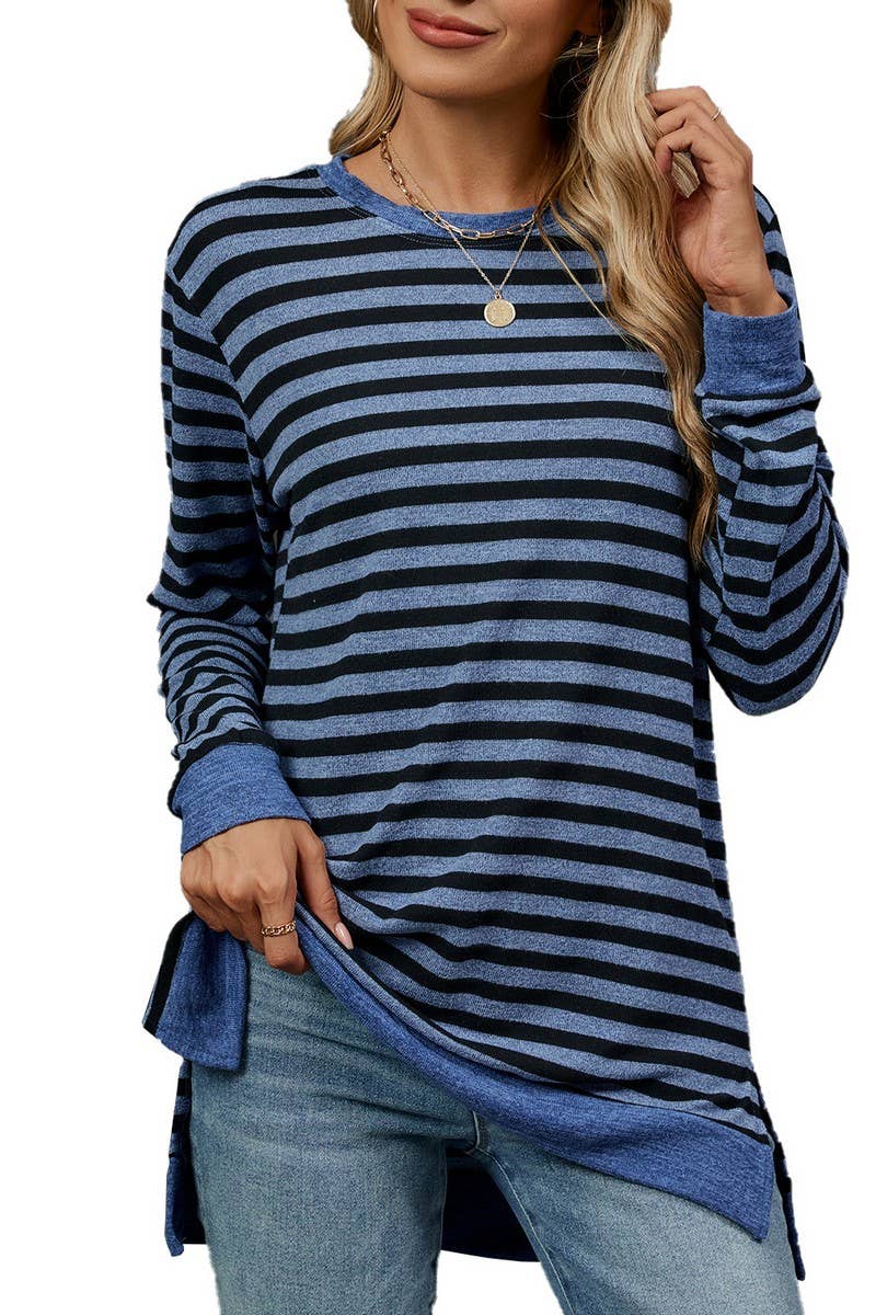 CWTBLL2354_ROUND NECK STRIPED COLORBLOCK LOOSE T-SHIRT TOP