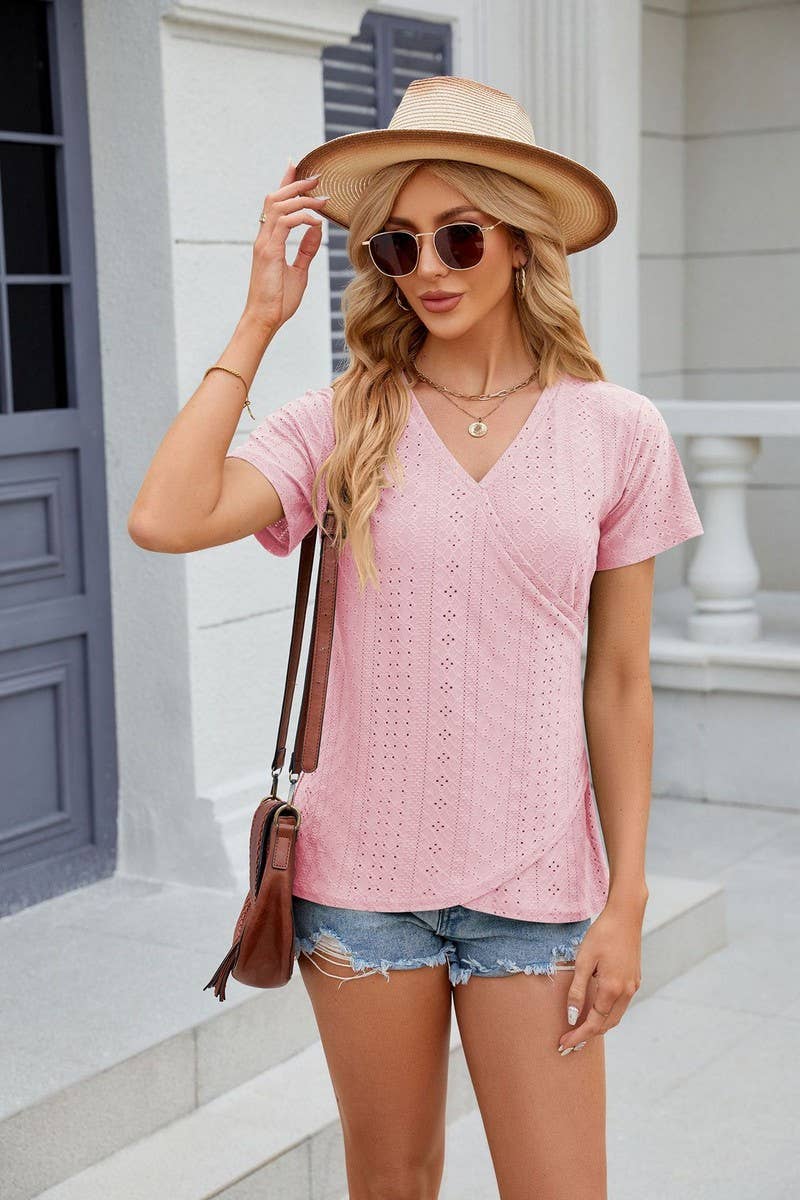 CWTTS0847_V-Neck Short Sleeve Knit Top