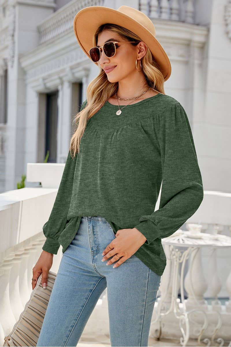 CWTBLL3690_LOOSE CREW NECK CASUAL PLEATED TOP