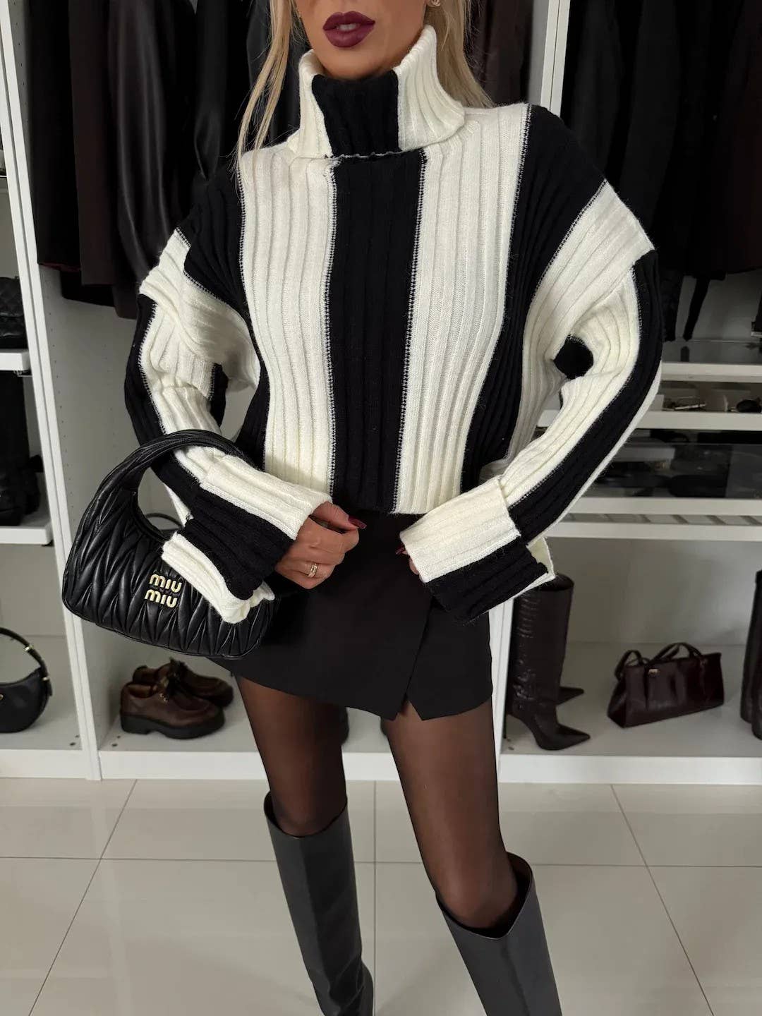 Color-blocking and patchwork high-neck sweater