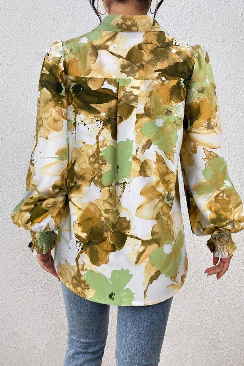 CWTSTL2885_PRINTED COLLARED PUFF SLEEVE LOOSE FIT SHIRT