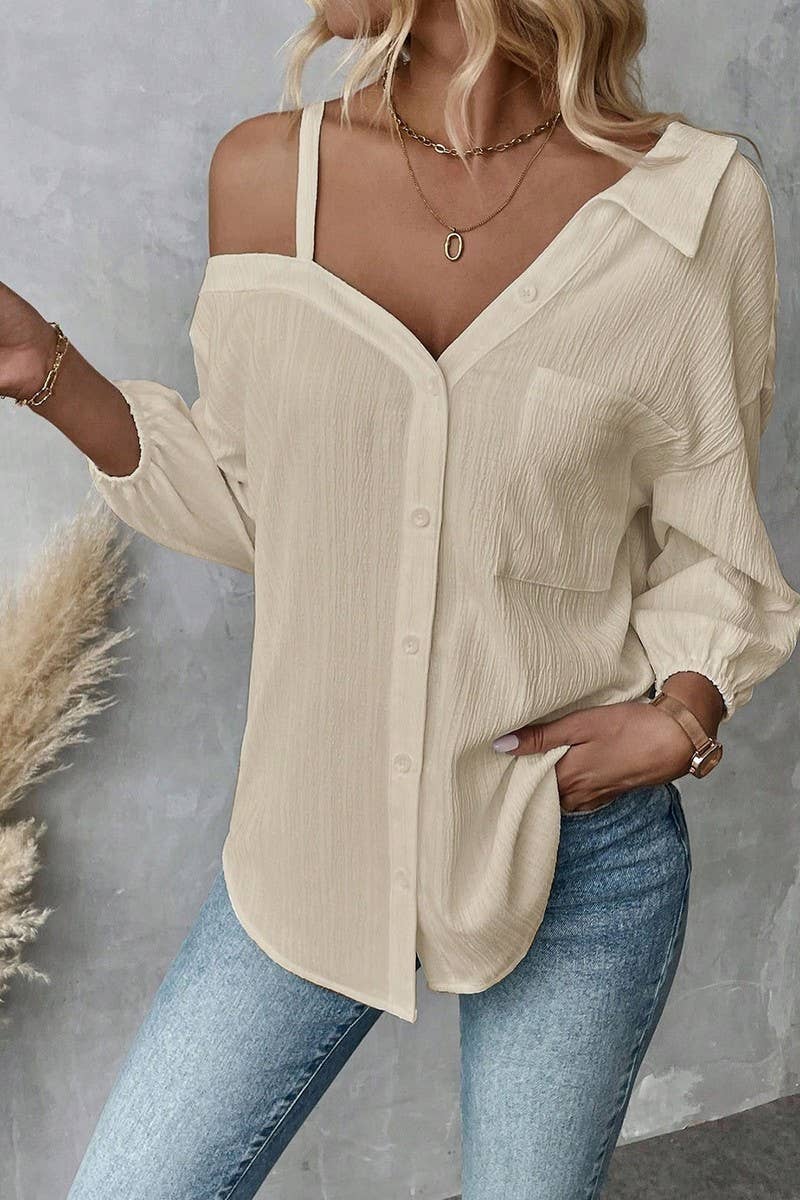 CWTSTL2794_LAPEL OFF-SHOULDER TEXTURED SINGLE-BREASTED SHIRT