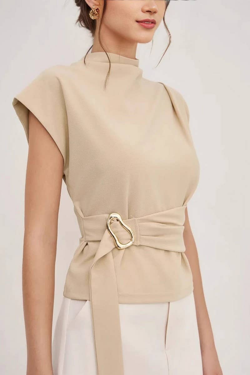 CWTBLSL0992_CREAM SHORT SLEEVE HALF TURTLENECK BUTTONED TOP