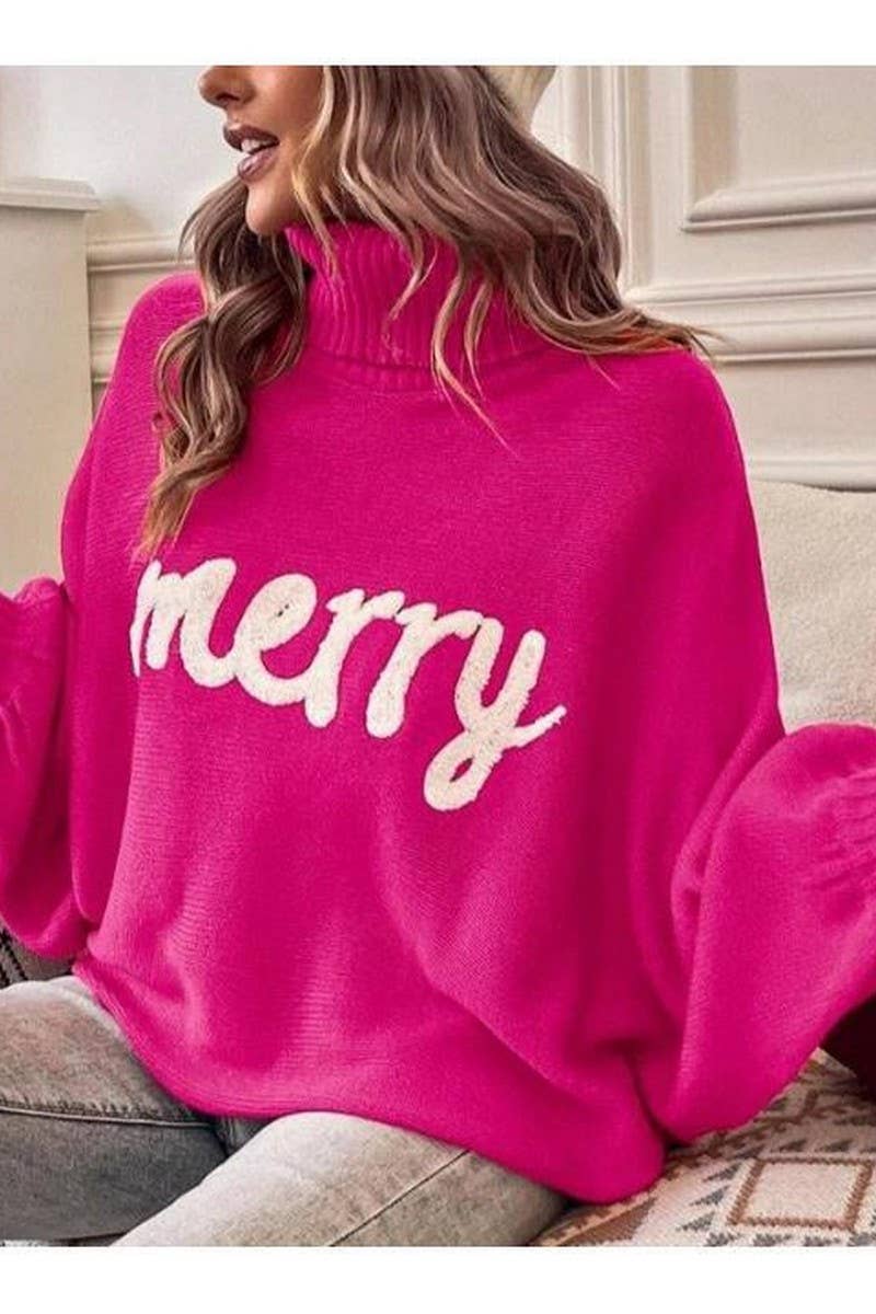 CWOSWL6261_EMBROIDERED BAT SLEEVE CHRISTMAS SWEATER