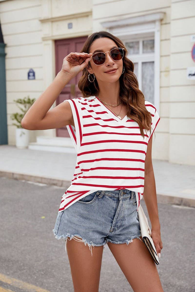 CWTBLS0863_V-NECK FLYING SLEEVE STRIPED CASUAL T-SHIRT VEST
