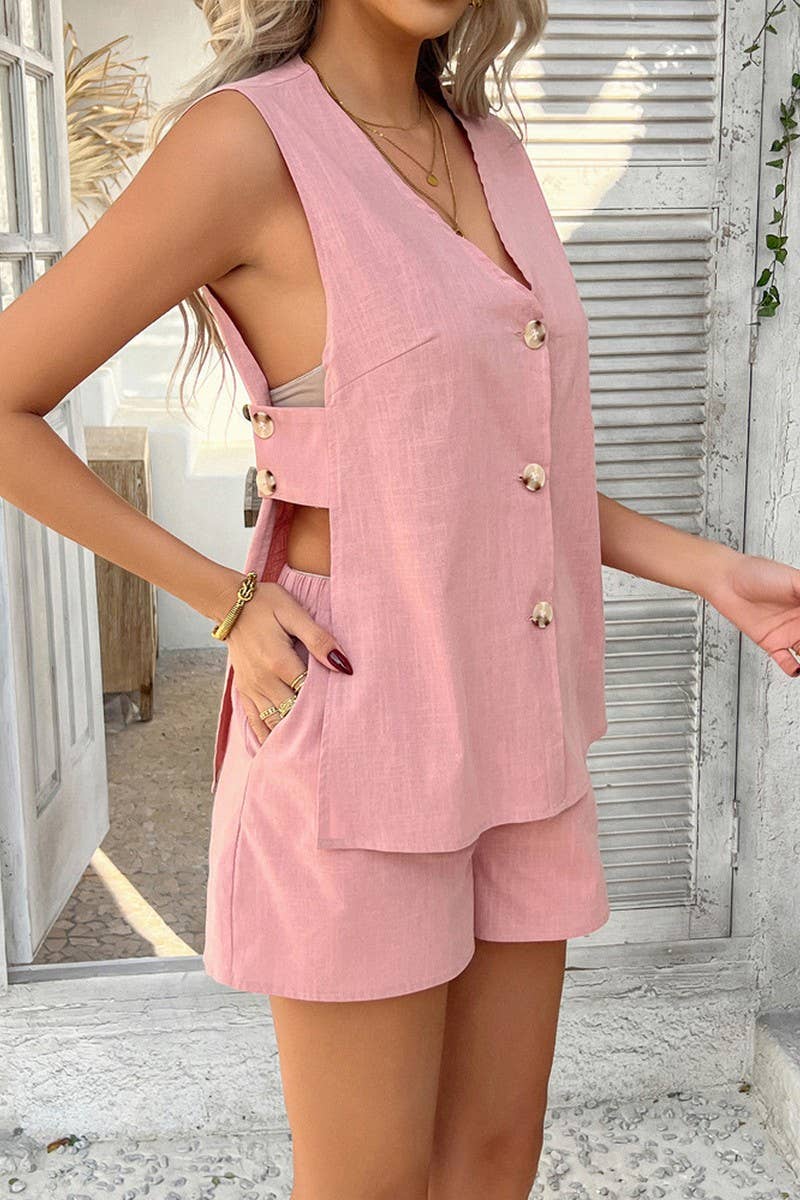 CWSS1192_CASUAL HOLIDAY STYLE SOLID COLOR VEST SHORTS SUIT