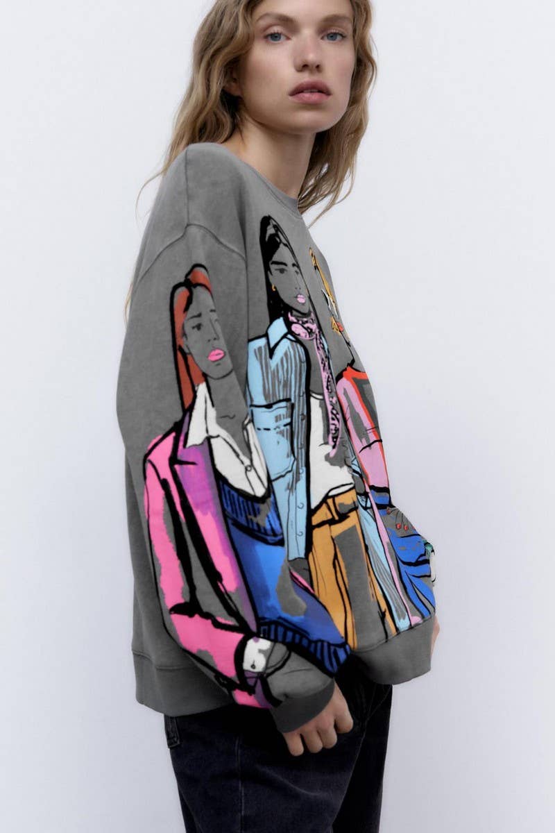 CWTBLL1575_ROUND NECK LOOSE PRINT SWEATSHIRT WITHOUT HOOD