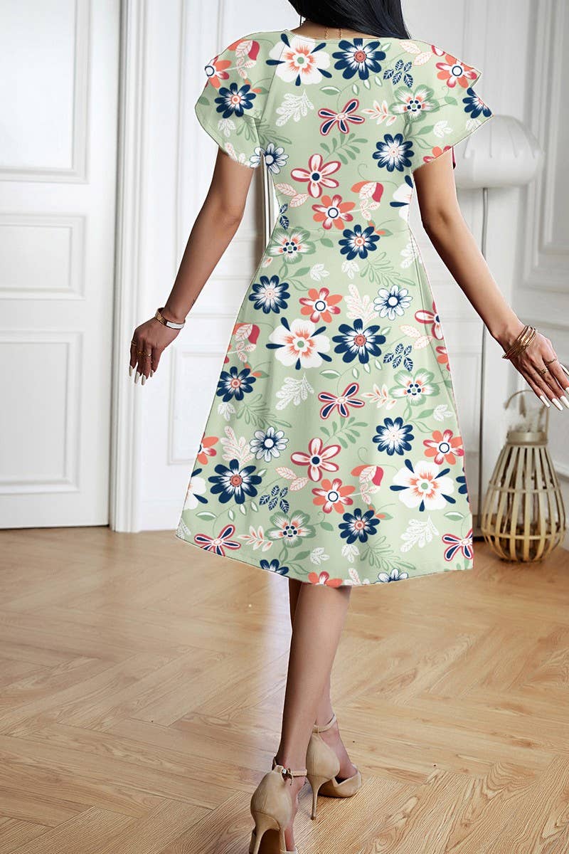 CWDMD5869_SOLID ELEGANT V-NECK SHORT SLEEVE MIDI DRESS