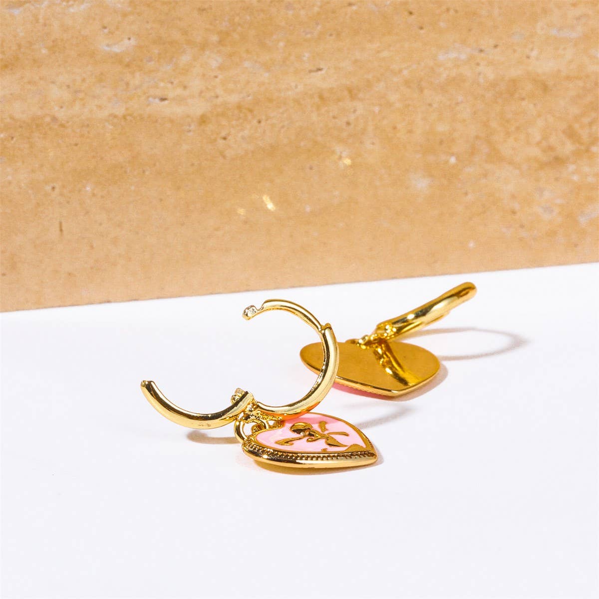Pink Enamel Heart Earrings Angel Vintage Style_CWAJE5087
