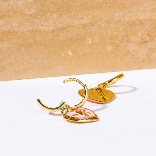 Pink Enamel Heart Earrings Angel Vintage Style_CWAJE5087