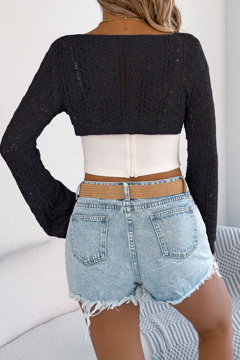 CWTBLL3973_CASUAL KNIT HOLLOW OUT LONG SLEEVE SHRUG TOP