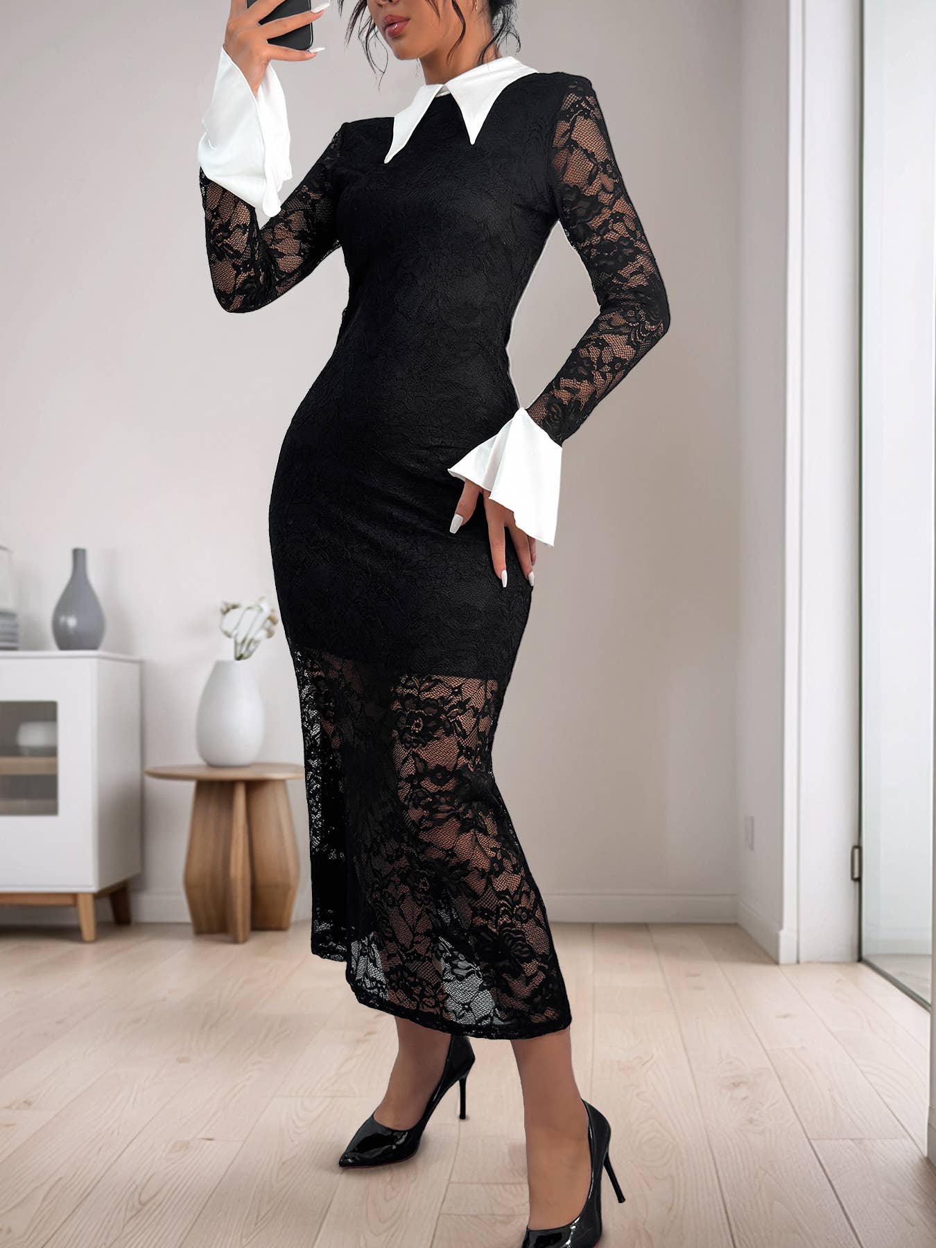 CONTRASTING COLORS ELEGANT LACE PATCHWORK DRESS