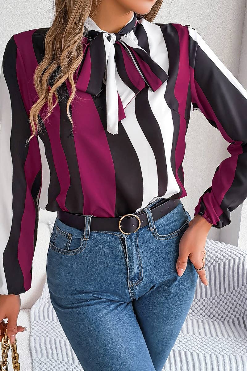 CWTSTL1207_LONG SLEEVE STRIPED LACE-UP CHIFFON SHIRT TOP