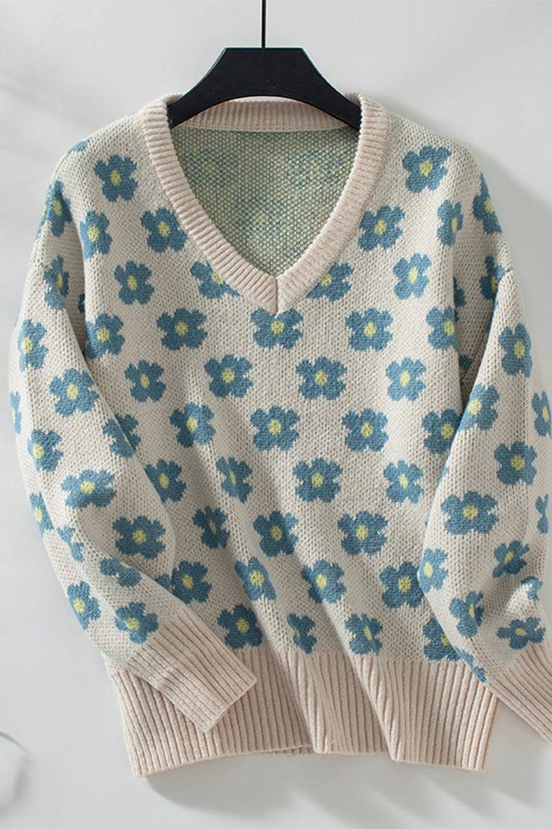 CWOSWL2806_FLORAL JACQUARD V-NECK PULLOVER SWEATER