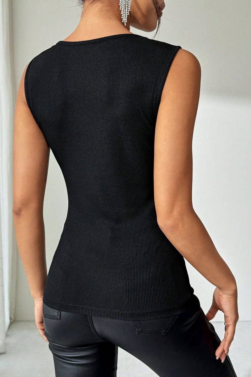 CWTBLSL0874_CHIC BLACK RIBBED RHINESTONE TANK TOP