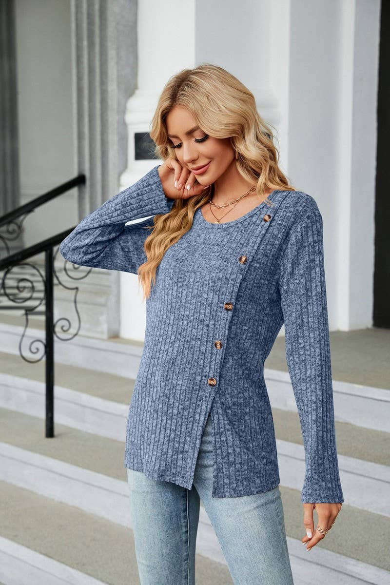 CWTBLL2408_ROUND NECK BUTTON SLIT LOOSE LONG SLEEVE TOP