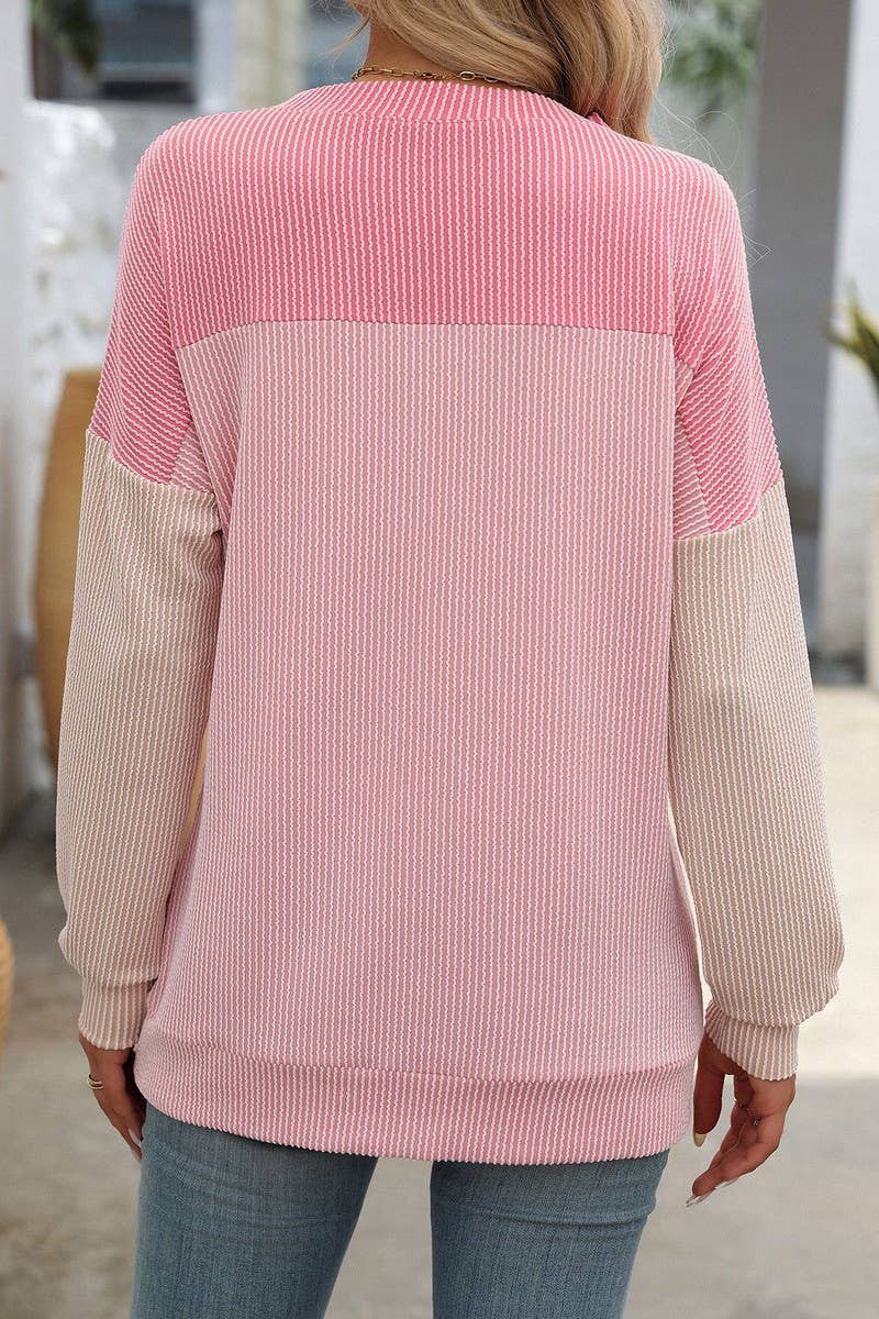 CWTBLL1490_ROUND NECK TWIST COLOR BLOCK LONG SLEEVE T-SHIRT