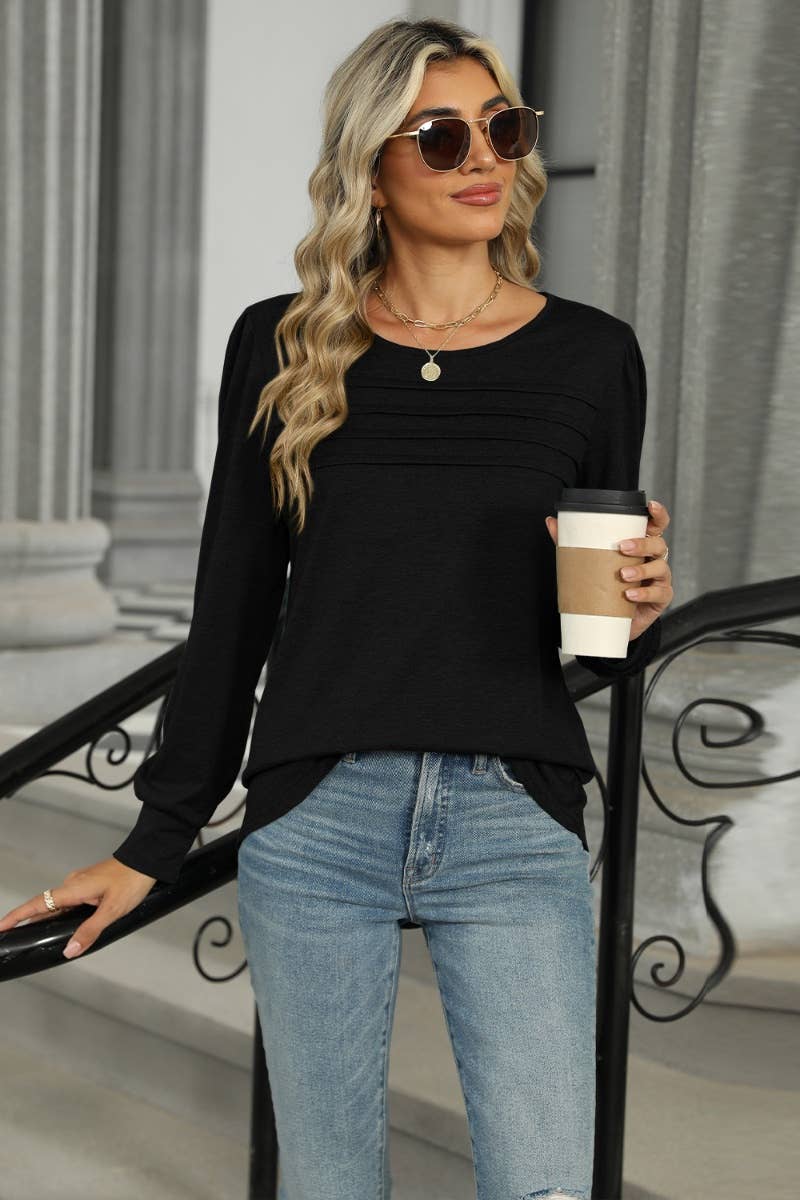 CWTBLL2937_FALL CREW-NECK PLEATED LONG-SLEEVED TOP