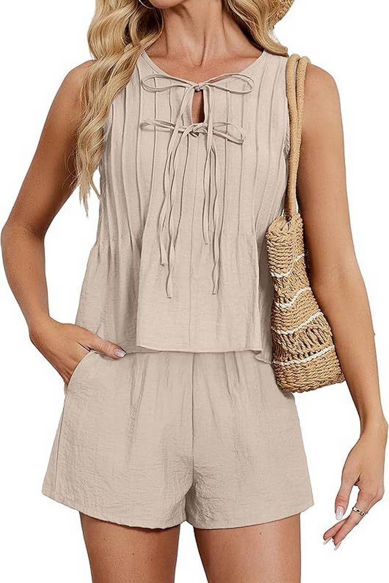 CWSS01310_SUMMER BEACH PLEATED RESORT WEAR TWO-PIECE SUIT