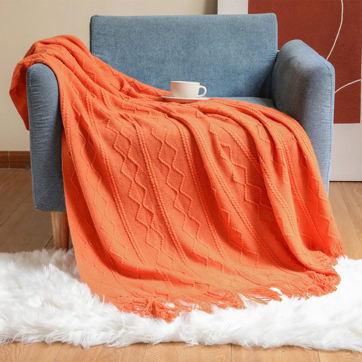 KNITTED WARM BLANKET WITH TASSELS