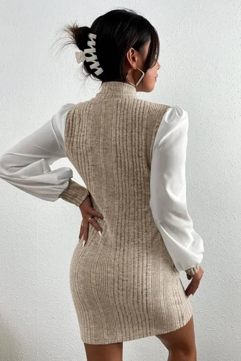 Beltless dress with high neck and long sleeves