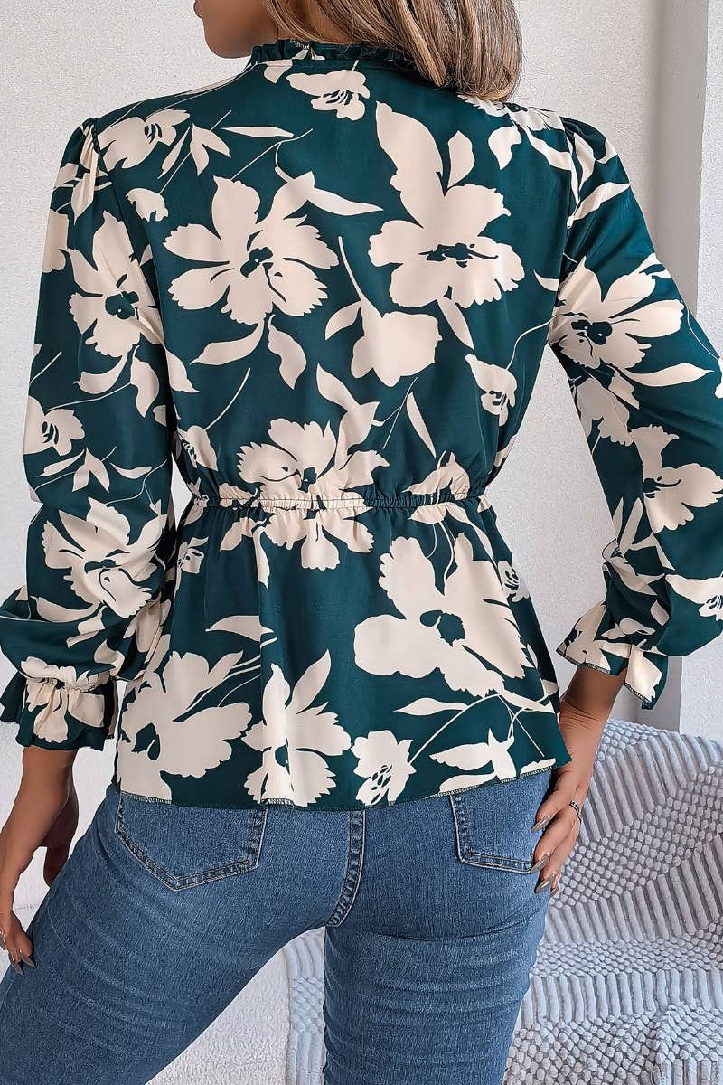 CWTBLL0954_CASUAL FLORAL LACE-UP LONG-SLEEVED CHIFFON TOP