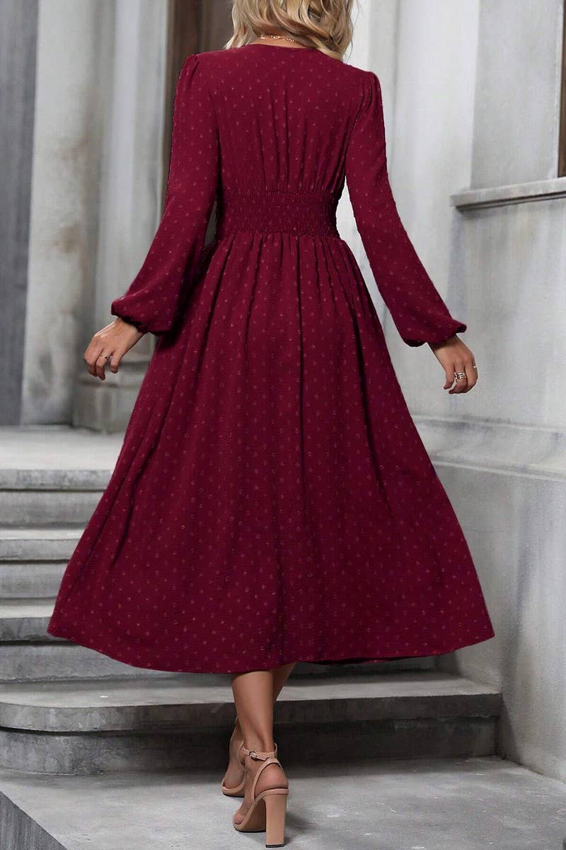 CWDMD3949_SLANTED NECK BALLOON SLEEVES PLEATED WAIST DRESS