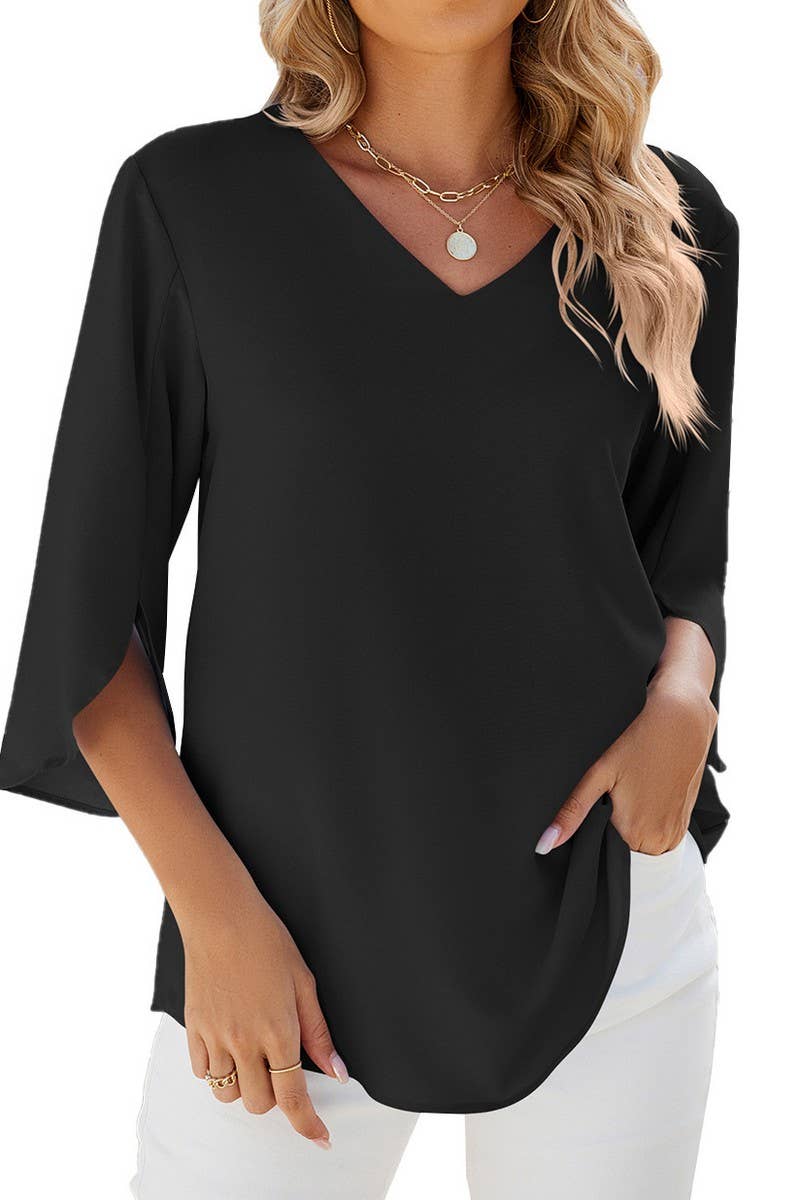 CWTBLS0871_SOLID COLOR V-NECK MID-SLEEVE LOOSE TOP