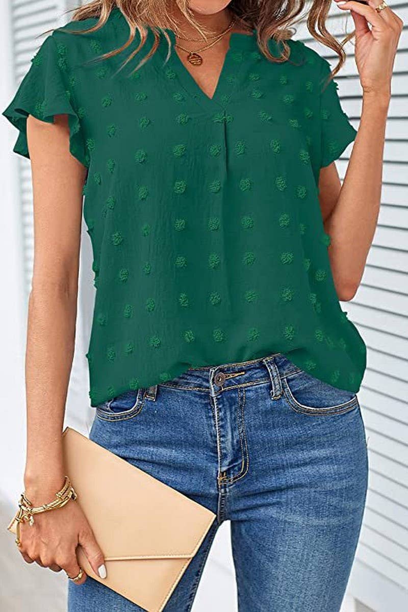 CWTBLS0606_V-NECK RUFFLED SLEEVE CHIFFON SHORT-SLEEVED TOP
