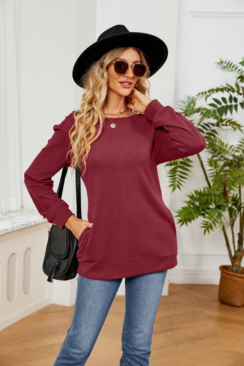 CWTBLL2384_SOLID COLOR ROUND NECK LONG SLEEVE POCKET T-SHIRT