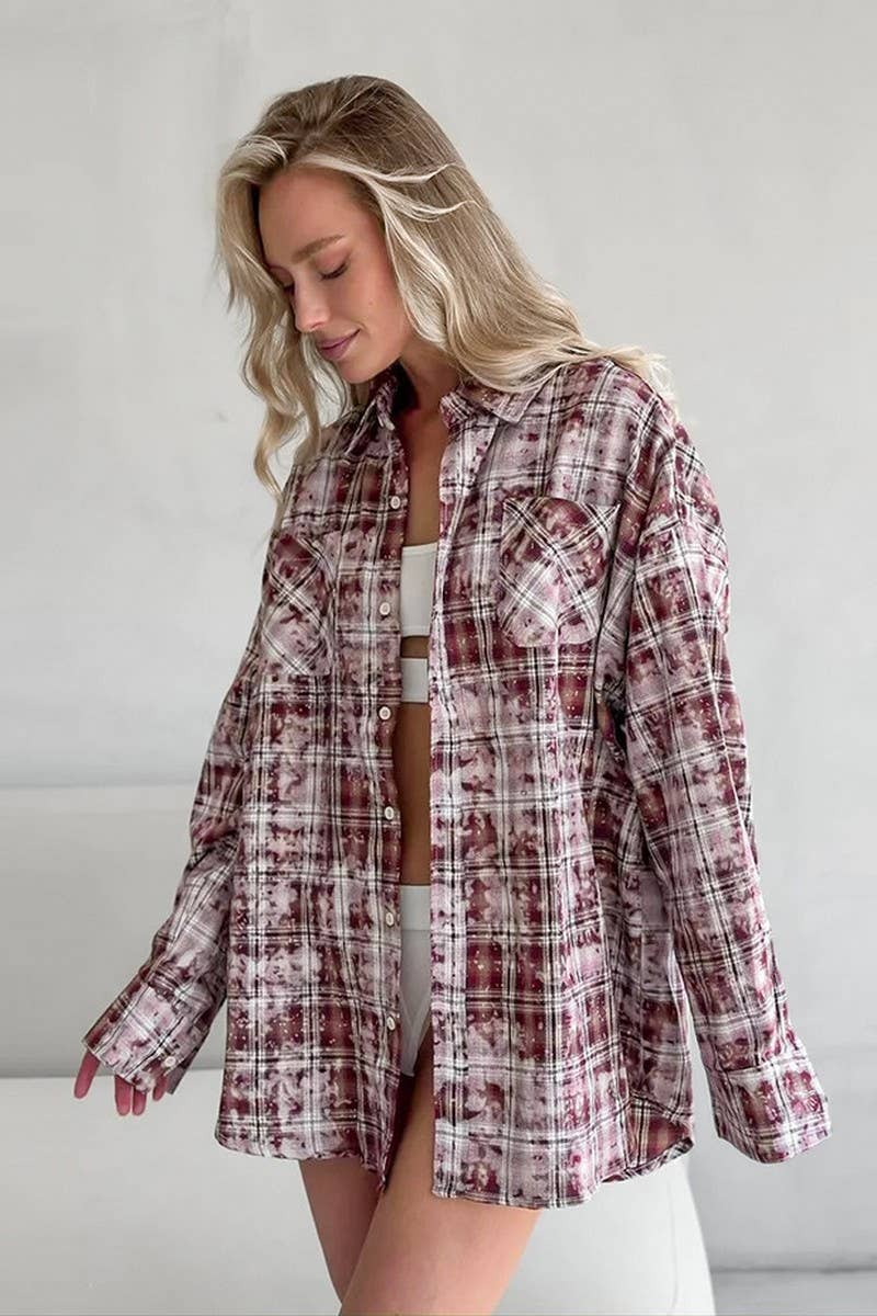 CWTBLL00582_VINTAGE DISTRESSED PLAID LONG-SLEEVED SHIRT