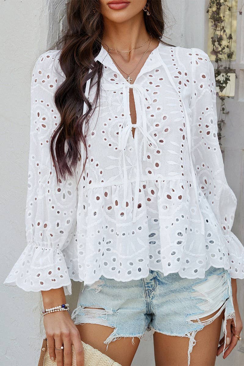 CWTBLL3595_LOOSE TIE SOLID COLOR HOLLOW TOP SHIRT